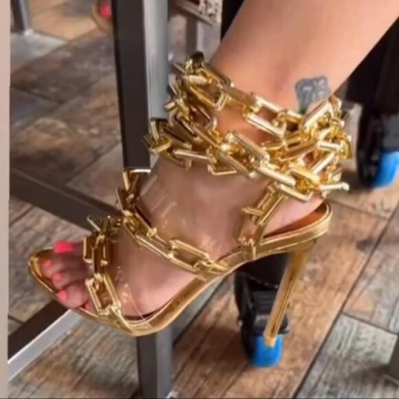 Luxury Women's Ankle Link Gold Heels - Picture 3 of 8